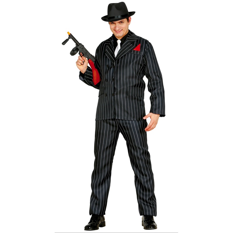 1920s Black & White Strips Gangster Costume With Jacket Trousers & Red Pocket Square