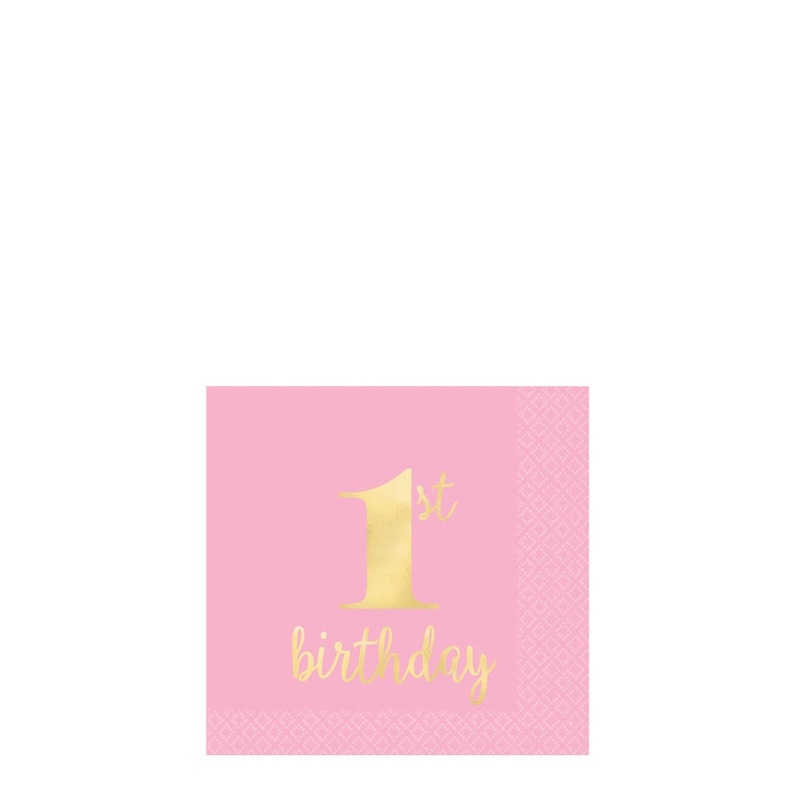 1st Birthday Pink Beverage Napkins Pack of 16